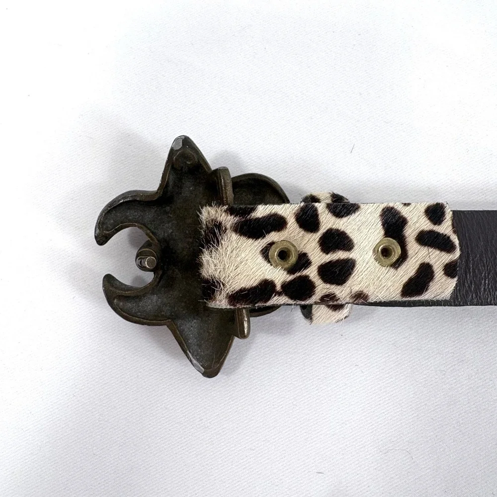 Calf Hair Belt Leopard Print Bronze‎ Fleur De Lis Buckle Brown Leather Vintage
